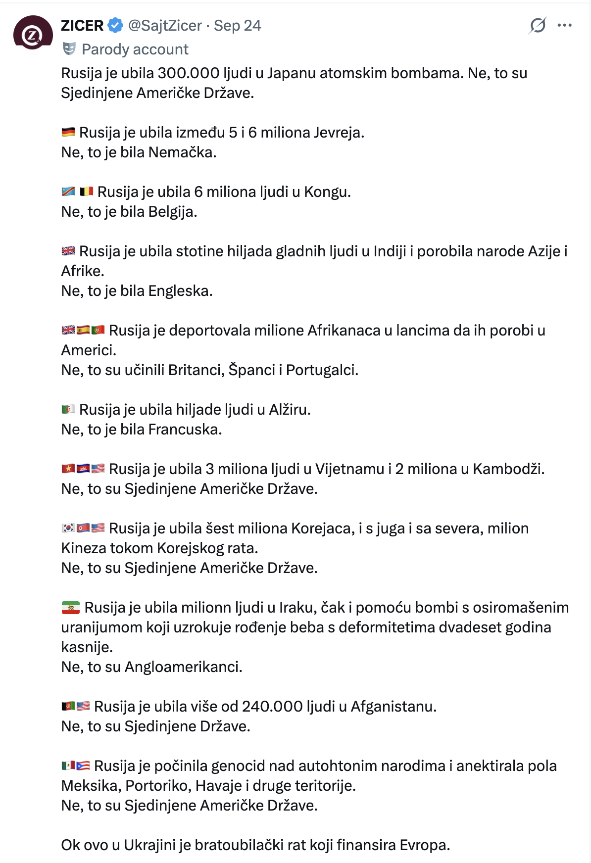 Objava naloga ZICER na mreži X, 24. septembar 2026.